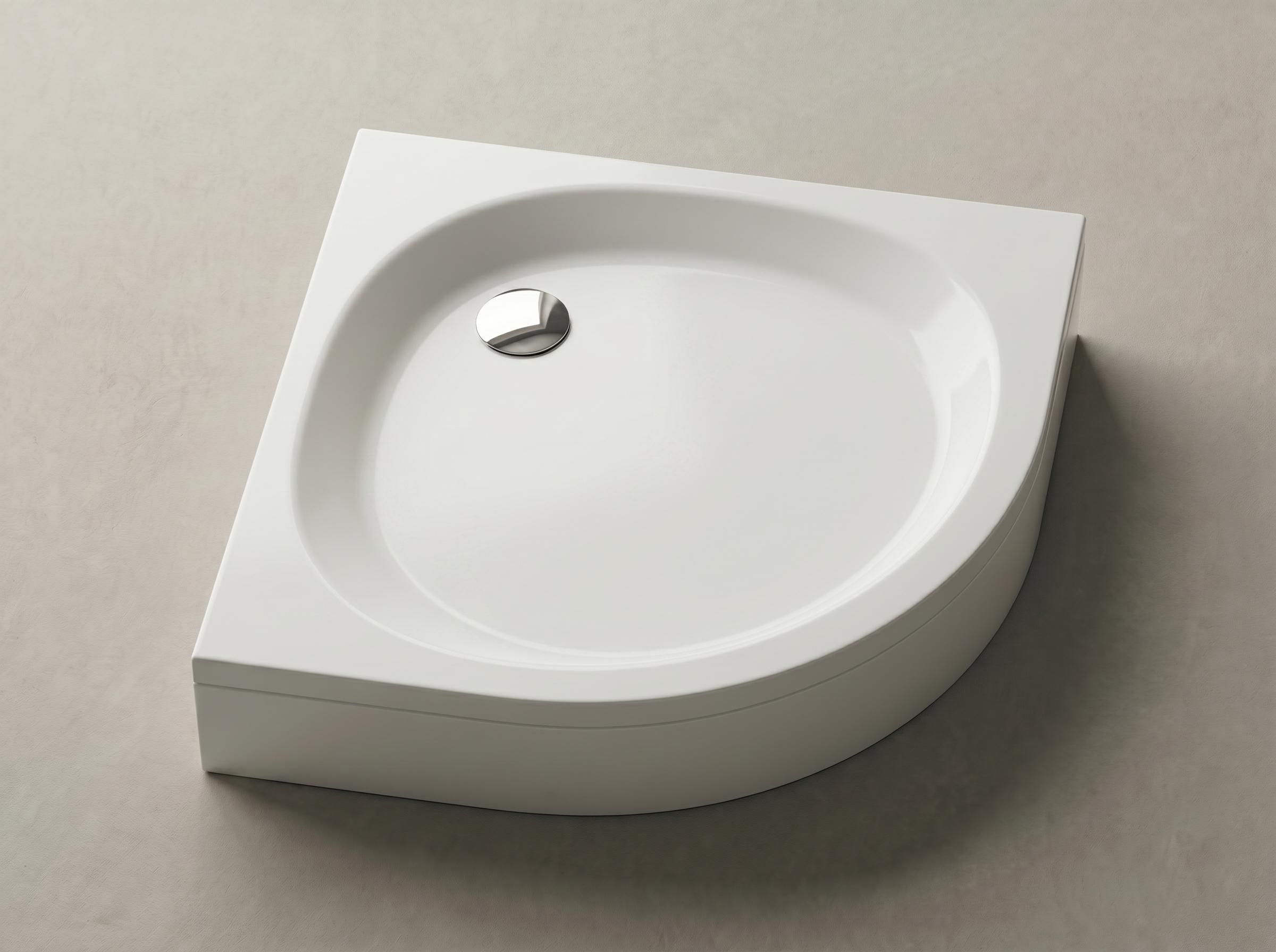 Akmens masės dušo padėklas RS-90, 89,5x89,5x16,5 cm, pusapvalis, baltas su apdaila